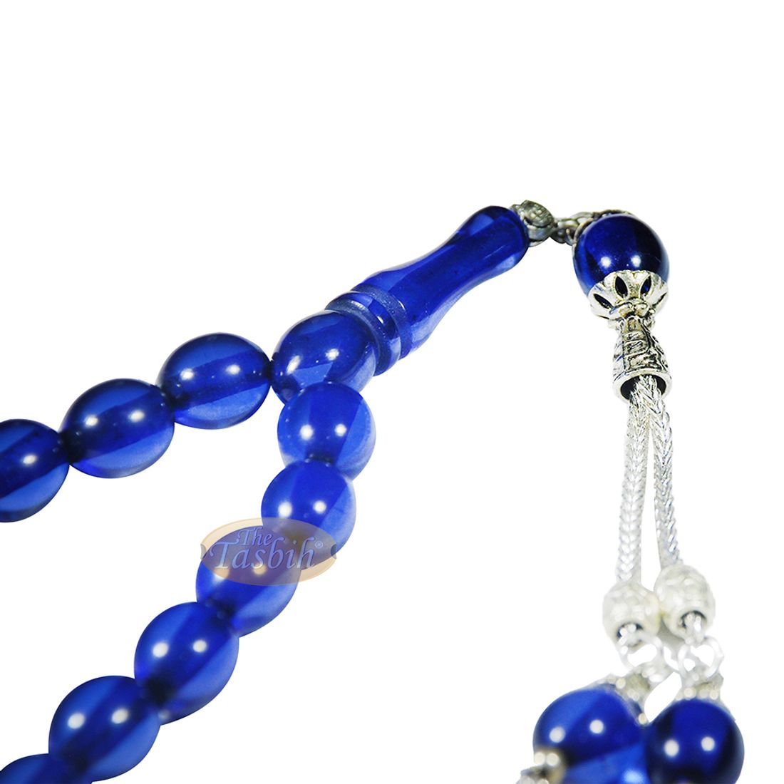 Islamic TULIP TASBIH, Small Translucent Dark Blue 33-Bead 10x9mm Acrylic Oval Turkish Sibha Tesbih Prayer Beads Tulip Charm Tassels Eid Gift