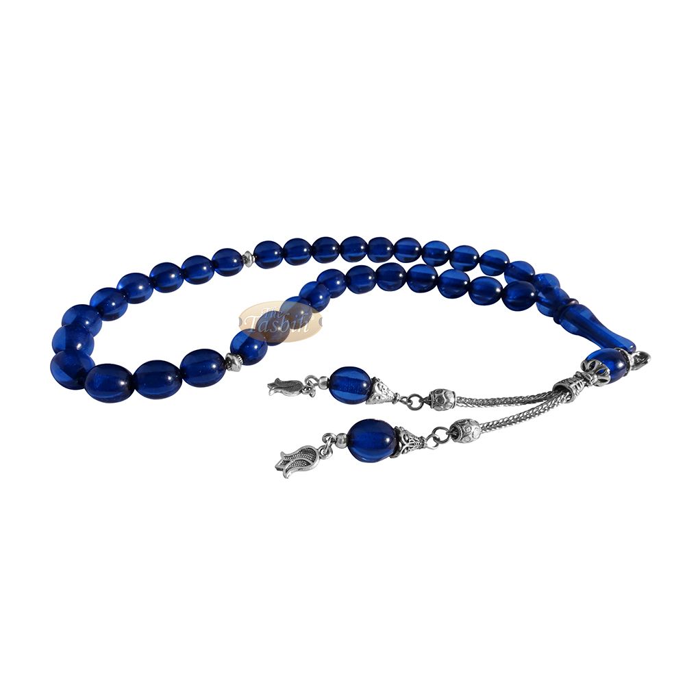 Islamic Tulip Tasbih, Small Translucent Dark Blue 33-Bead 10×9 mm Acrylic Oval Turkish Sibha Tasbih Prayer Beads Tulip Charm Tassels Eid Gift