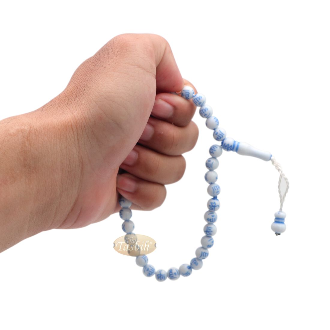 Muslim Prayer Bracelet 33-Beads Tasbih with ALLAH Muhammad Engraved on 7mm Beads White & Blue – Tasbeeh Sibha Misbaha Dhikr Beads for SALAWAT