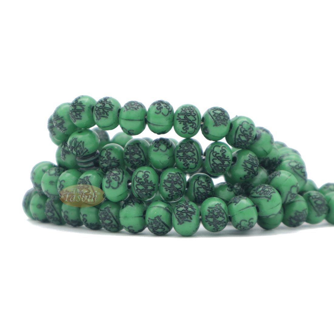 Basmallah Green Plastic Tasbih with 8mm Beads – Sturdy Prayer Beads – BismillahirRahmanirRahim on Each Bead