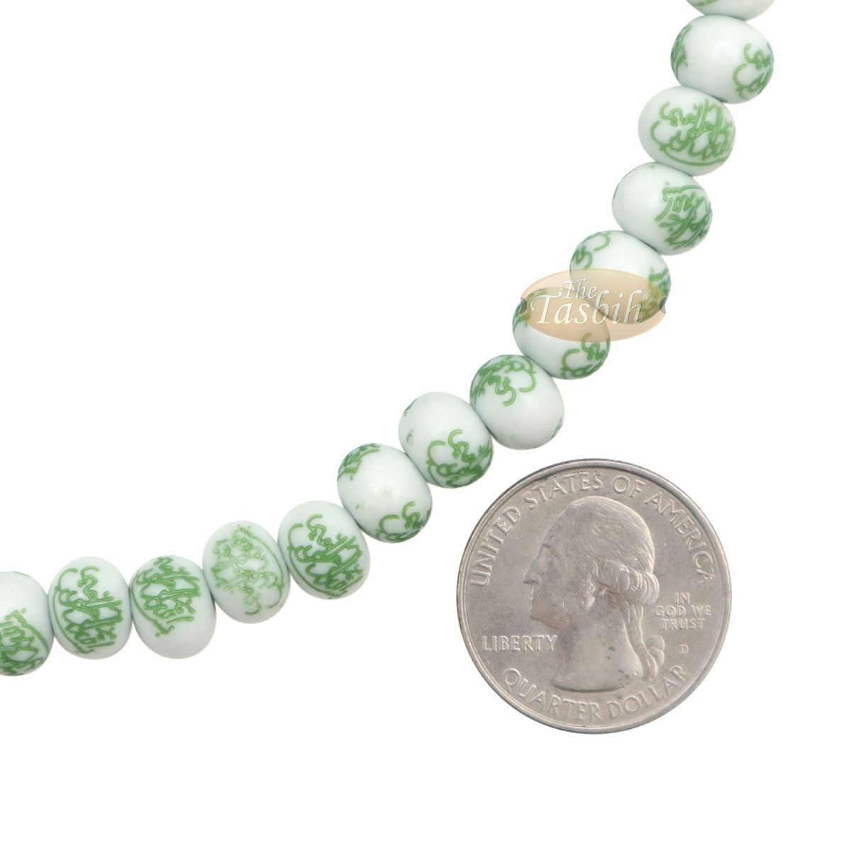 Muslim Prayer Beads White Green Arabic Basmalah Blessing 7×9 mm Oval 99-Bead Acrylic Tasbih Sibha For Dhikr Salah Salawat For Eid Gift Boxed