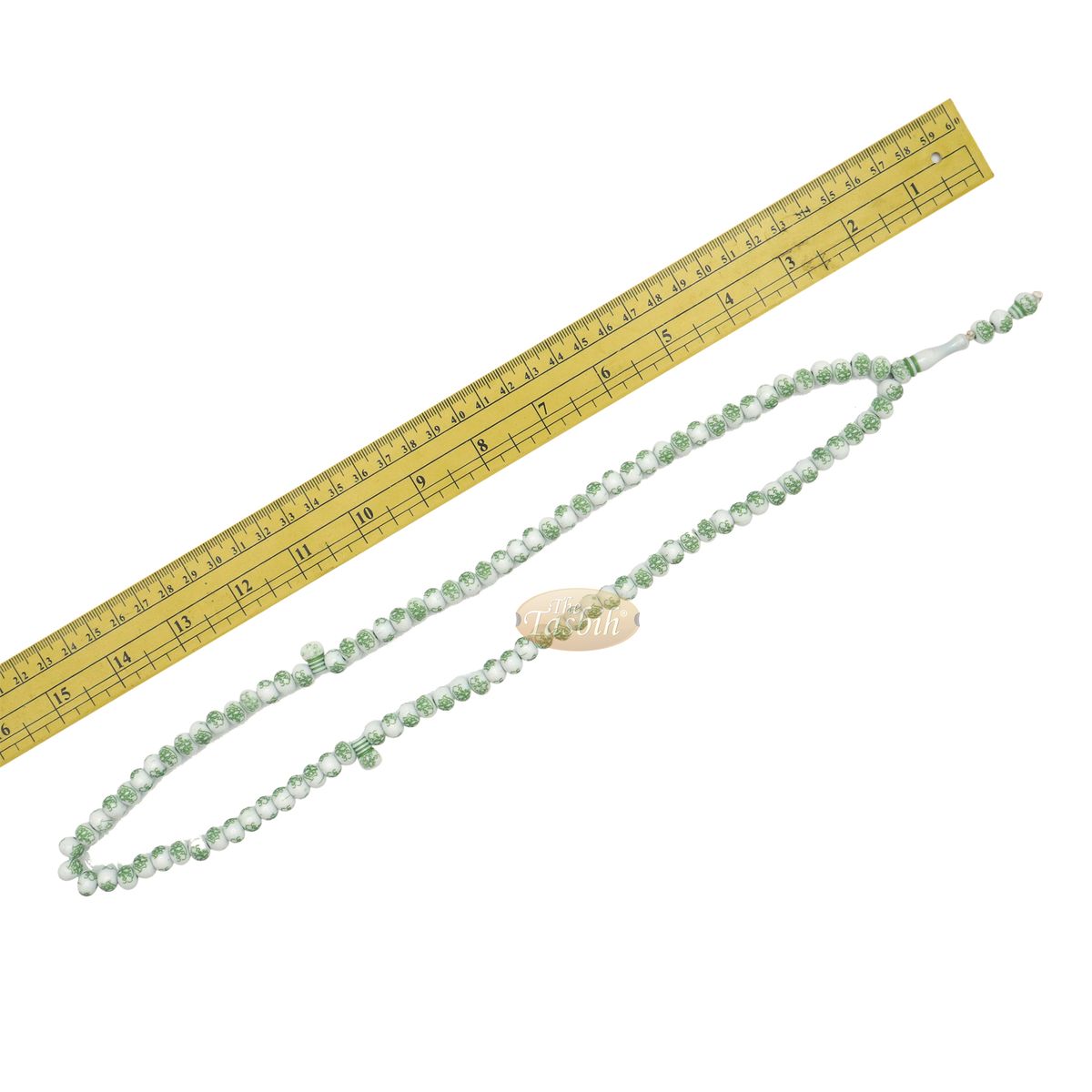 Muslim Prayer Beads White Green Arabic Basmalah Blessing 7×9 mm Oval 99-Bead Acrylic Tasbih Sibha For Dhikr Salah Salawat For Eid Gift Boxed