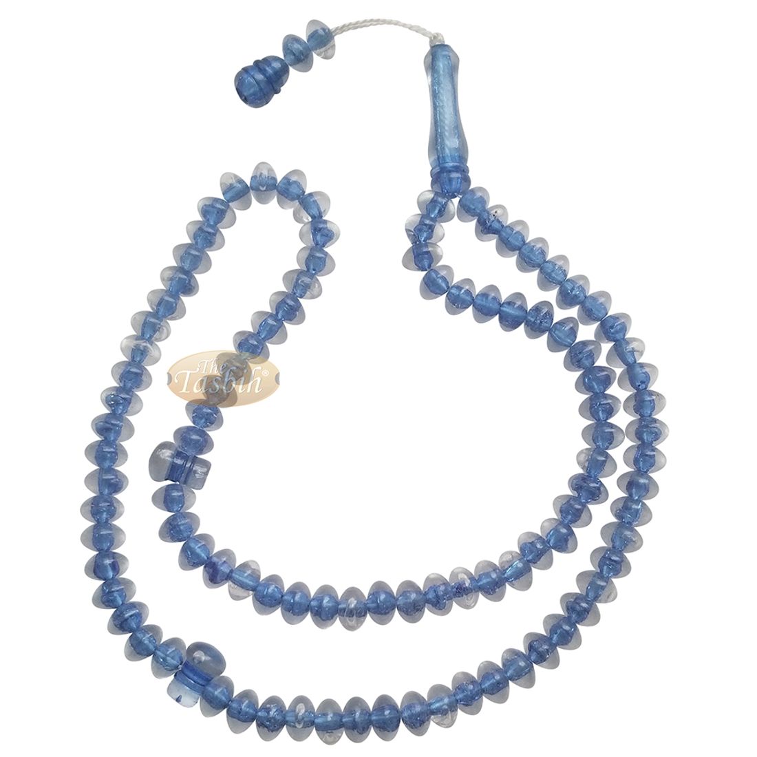 Muslim DHIKR Beads – Medium-size Translucent Blue 8x5mm Simple Plastic 99-bd Islamic Prayer Tasbeeh Dhikr Salat 20-inch Misbaha Knob Ends