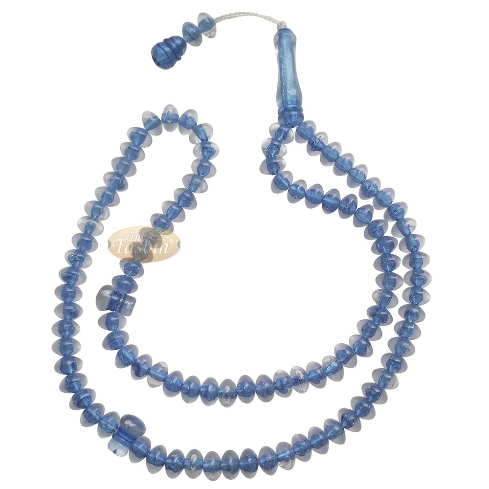 Muslim Dhikr Beads – Medium-Size Translucent Blue 8×5 mm Simple Plastic 99-Bd Islamic Prayer Tasbeeh Dhikr Salat 20-inch Misbaha Knob Ends