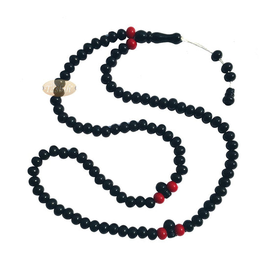 Small Black Plastic Tasbih 6×7 mm Beads with Red Accent Beads