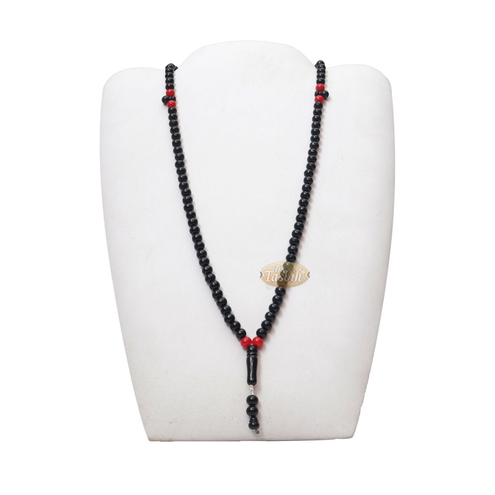 Med-Size Black Plastic Sufi Tasbih 6×8 mm Beads with Red Accent Beads