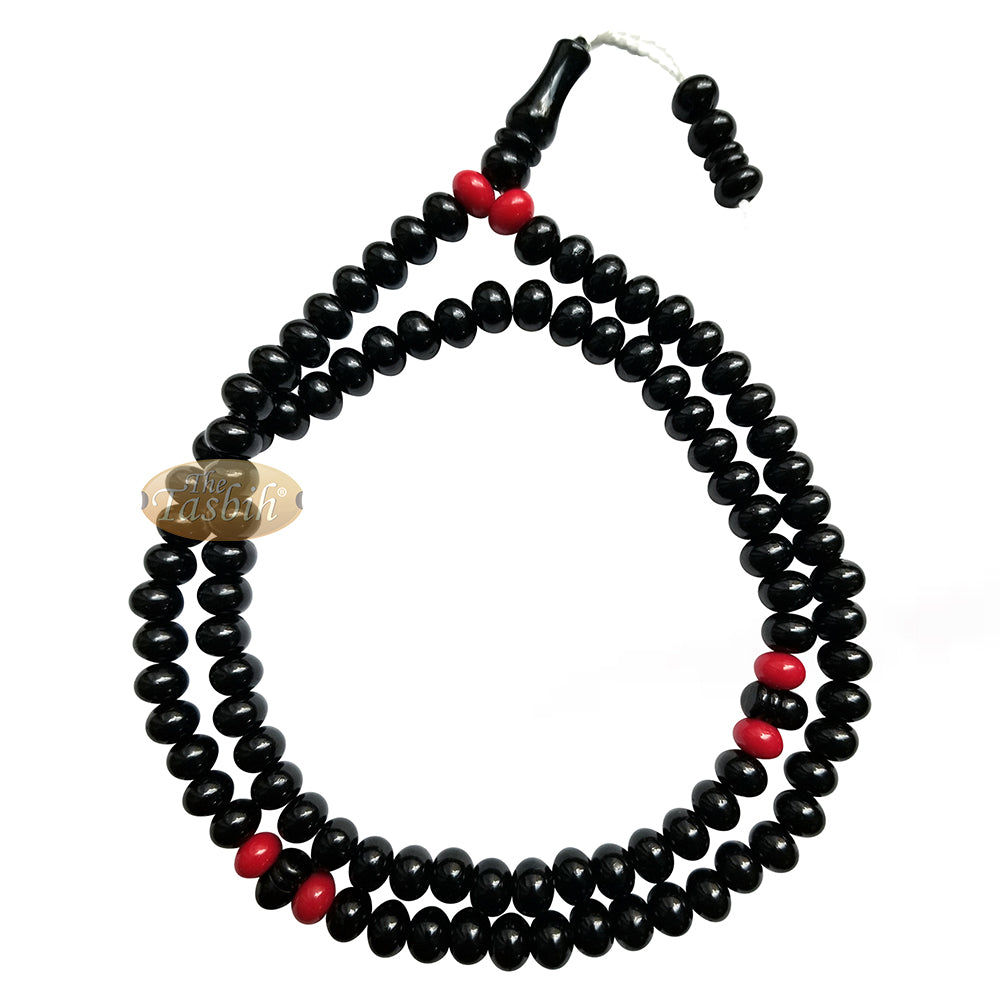 Large Durable Black Plastic Tasbih with Oval 9mm Beads – Sturdy Rosary – 6 Red Accent Beads