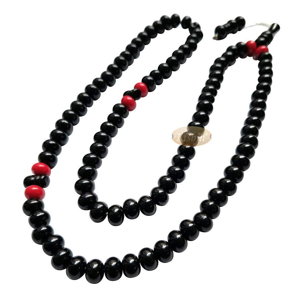 Tasbih Plastik Hitam Besar dan Tahan Lama dengan Butiran Oval 9 mm - Rosario Kokoh - 6 Butiran Aksen Merah
