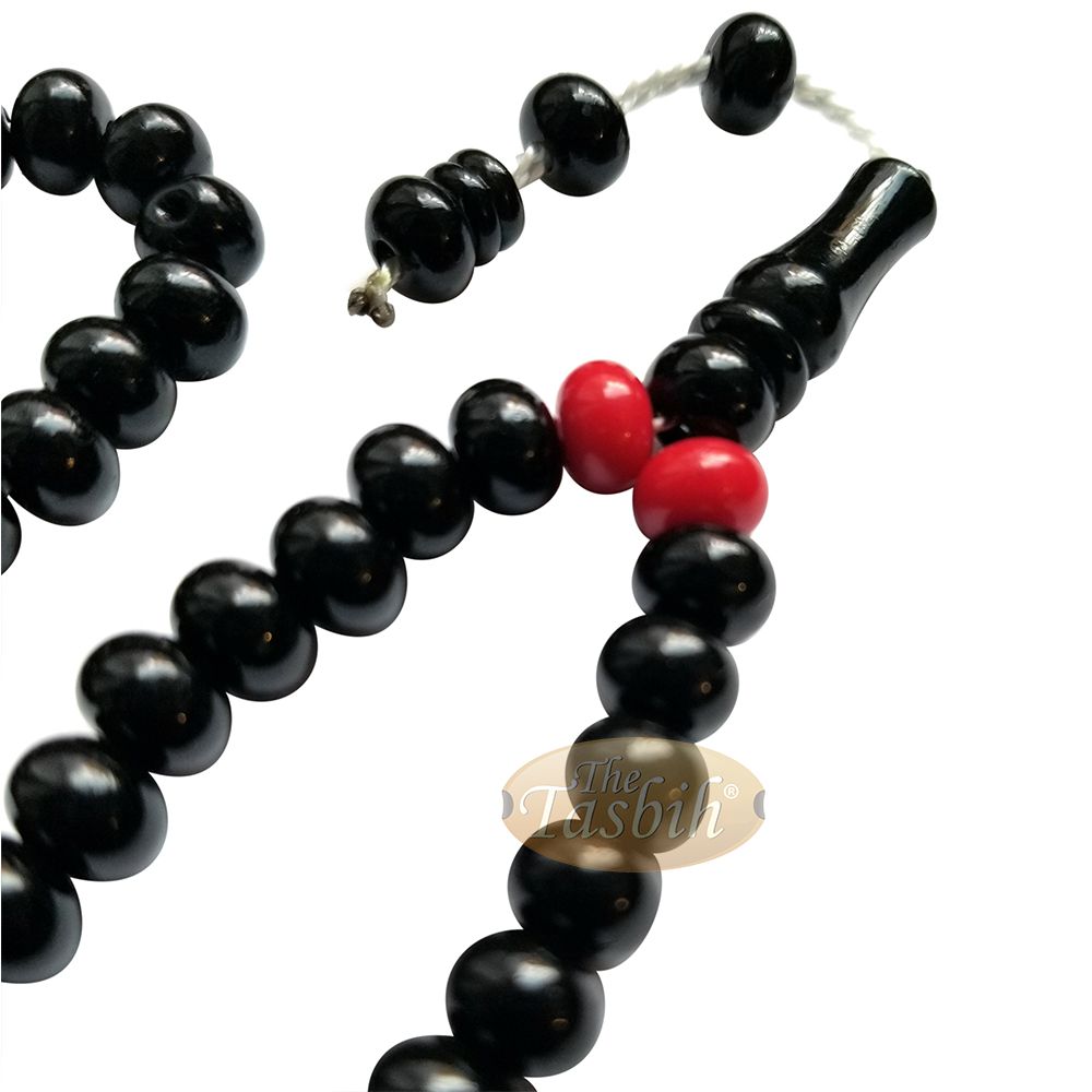 Large Durable Black Plastic Tasbih with Oval 9 mm Beads – Sturdy Rosary – 6 Red Accent Beads
