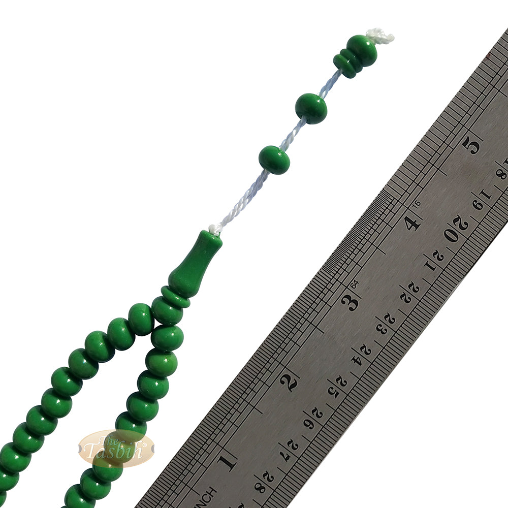 Islamic Subha Beads, Medium-Size Green Hard Monomer 7x8 mm Simple 26-inch Muslim 99-Bd Tasbeeh Sibha Misbaha Dhikr and Prayer Necklace