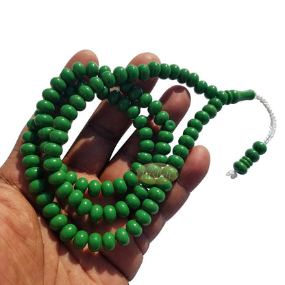 Islamic Subha Beads, Medium-Size Green Hard Monomer 7×8 mm Simple 26-inch Muslim 99-Bd Tasbeeh Sibha Misbaha Dhikr and Prayer Necklace