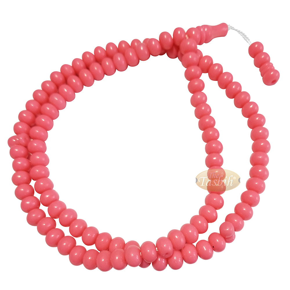 Islamic Subha Beads, Medium-Size Pink Hard Monomer 7x8 mm Simple 26-inch Muslim 99-Bd Tasbeeh Sibha Misbaha Dhikr and Prayer Necklace