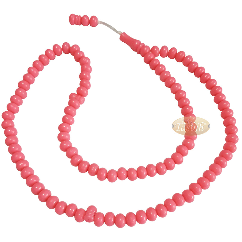 Islamic Subha Beads, Medium-Size Pink Hard Monomer 7X8-mm Simple 26-Inch Muslim 99-Bd Tasbeeh Sibha Misbaha Dhikr And Prayer Necklace