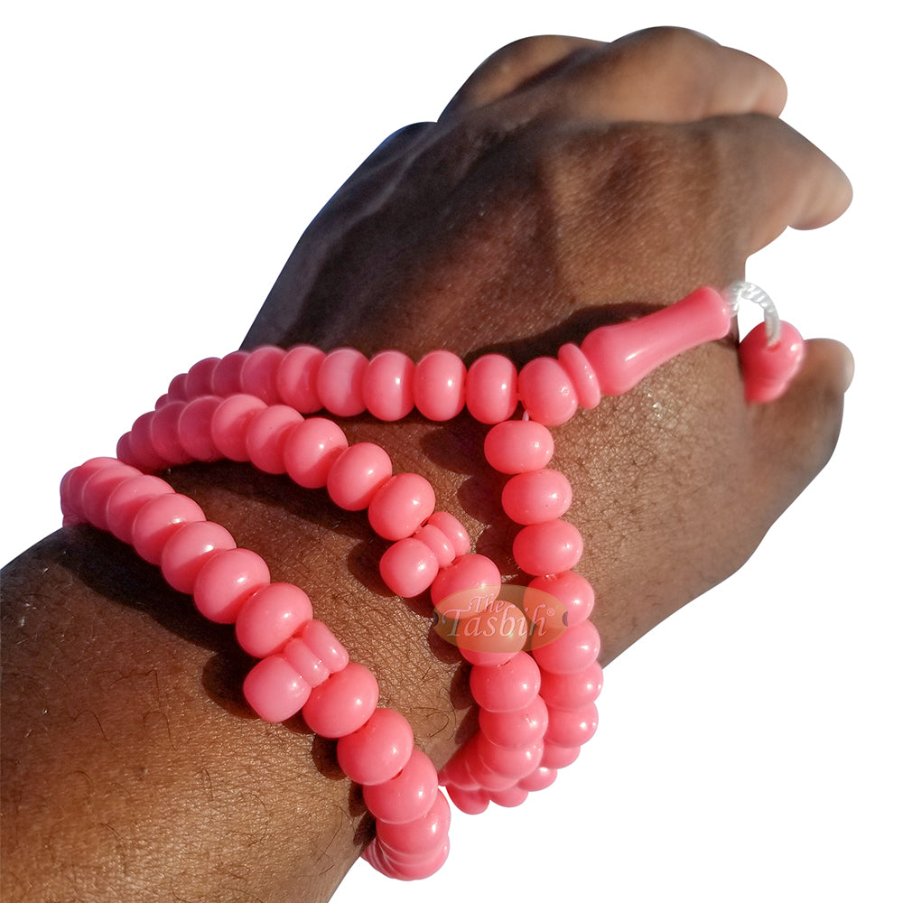 Islamic Subha Beads, Medium-Size Pink Hard Monomer 7x8 mm Simple 26-inch Muslim 99-Bd Tasbeeh Sibha Misbaha Dhikr and Prayer Necklace