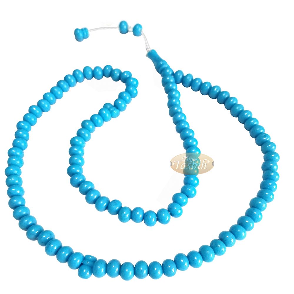 Islamic Subha Beads, Medium-Size Turquoise Hard Monomer 7×8 mm Simple 26-inch Muslim 99-Bd Tasbeeh Sibha Misbaha Dhikr and Prayer Necklace