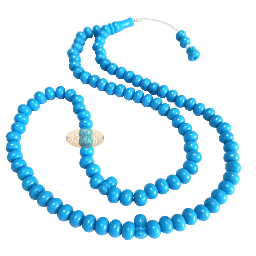 Islamic Subha Beads, Medium-Size Turquoise Hard Monomer 7x8 mm Simple 26-inch Muslim 99-Bd Tasbeeh Sibha Misbaha Dhikr and Prayer Necklace