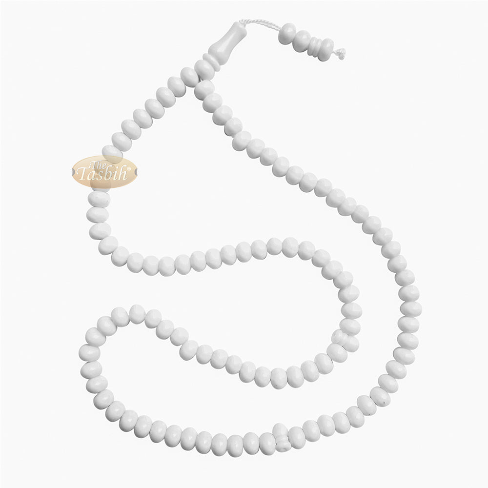 Islamic Subha Beads, Medium-Size White Hard Monomer 7x8 mm Simple 26-inch Muslim 99-Bd Tasbeeh Sibha Misbaha Dhikr and Prayer Necklace