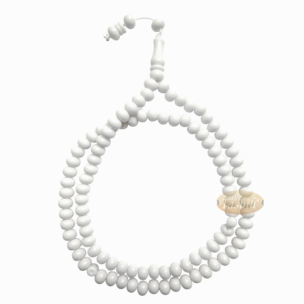 Islamic Subha Beads, Medium-Size White Hard Monomer 7X8-mm Simple 26-Inch Muslim 99-Bd Tasbeeh Sibha Misbaha Dhikr And Prayer Necklace