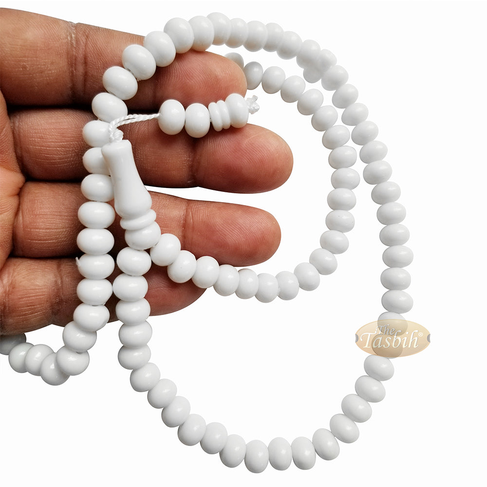Islamic Subha Beads, Medium-Size White Hard Monomer 7x8 mm Simple 26-inch Muslim 99-Bd Tasbeeh Sibha Misbaha Dhikr and Prayer Necklace