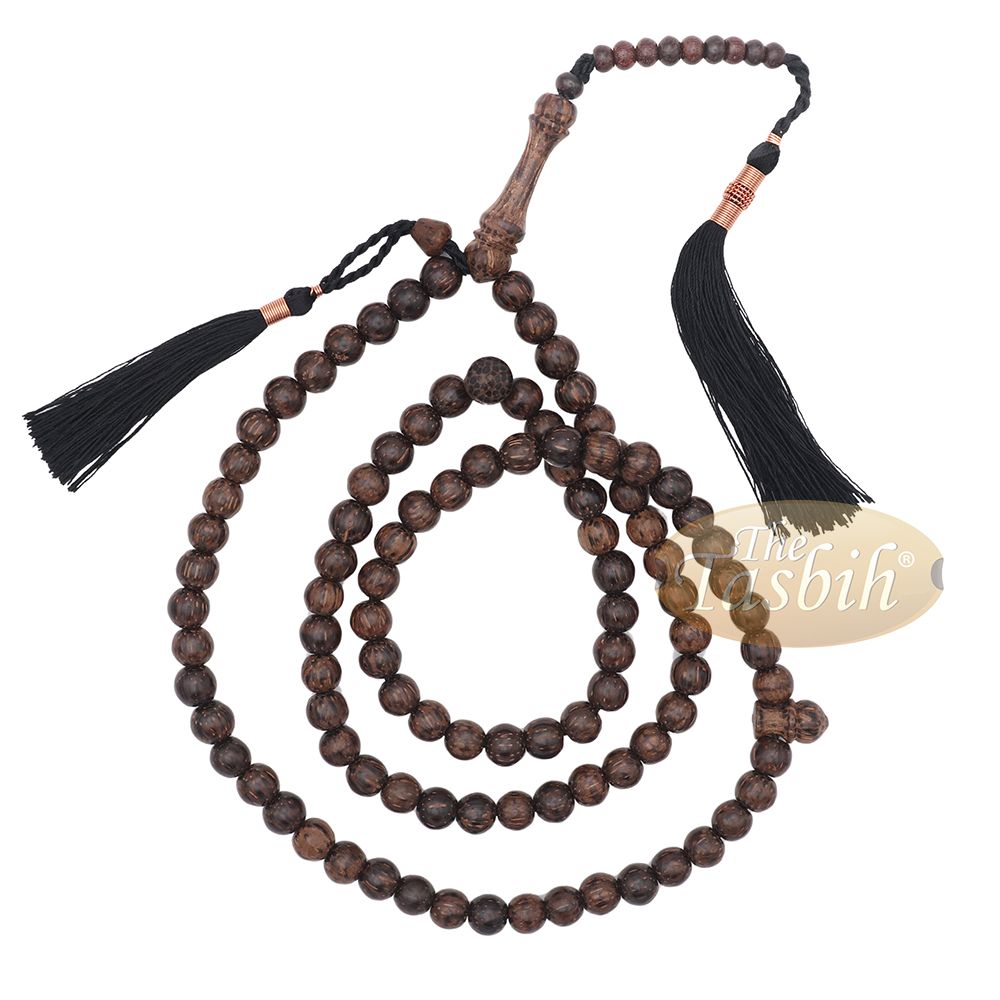 Sugar Palm Wood 99-Bead Tasbih – Muslim Prayer Beads with Copper Decorated Tassels