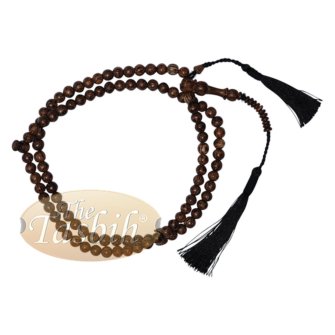 8mm Exotic Sugar Palm Wood Tasbih with Black Tassel and 10 Flat Saucer Beads Above Alif & Space Marker