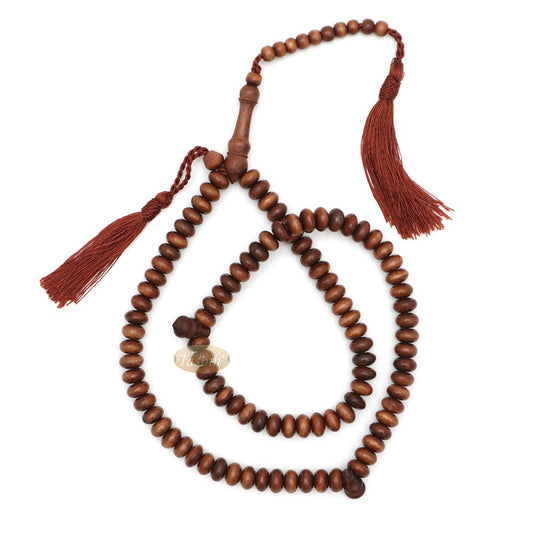 Ironwood Islamic Misbaha Tasbih – 10×5 mm 99-Bead Flat Oval Handmade Muslim Prayer Beads with 2 Brown Tassels
