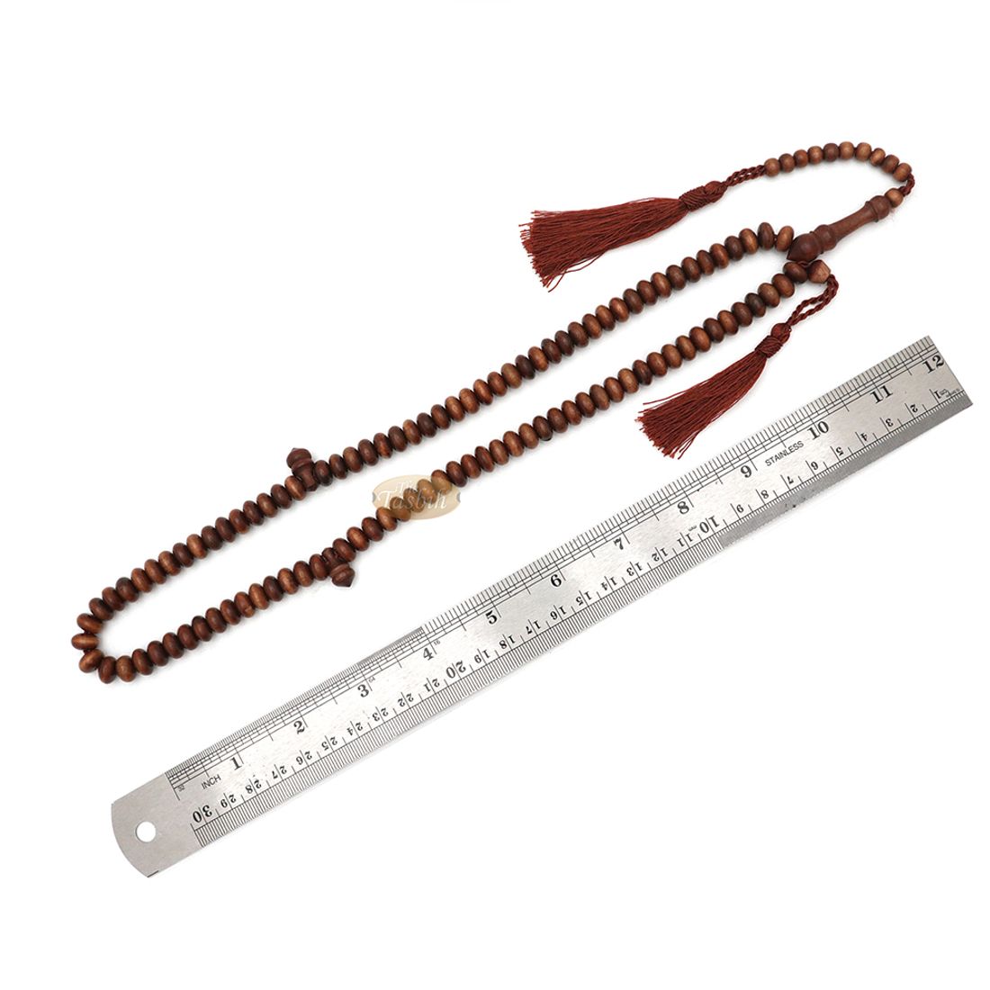 Ironwood Islamic Tasbih 10x5mm 99-Bead Flat Oval Stigi Handmade Prayer Beads with 2 Brown Tassels