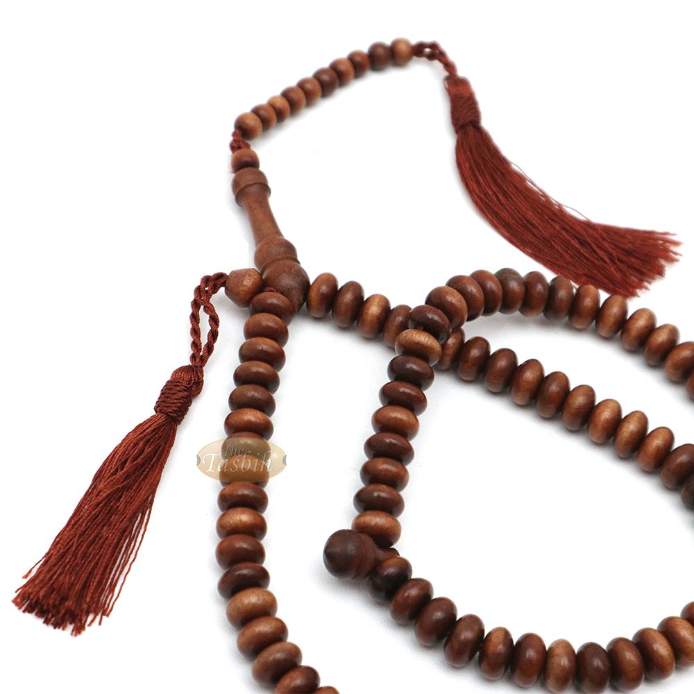 Ironwood Islamic Misbaha Tasbih – 10×5 mm 99-Bead Flat Oval Handmade Muslim Prayer Beads with 2 Brown Tassels
