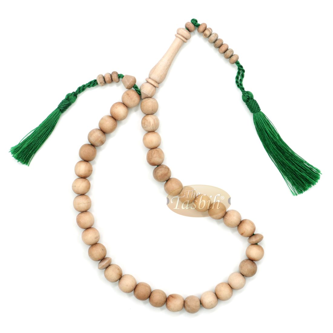 Sandalwood 33-bead Tasbih Prayer Beads 10mm with 2 Green Copper Tassels