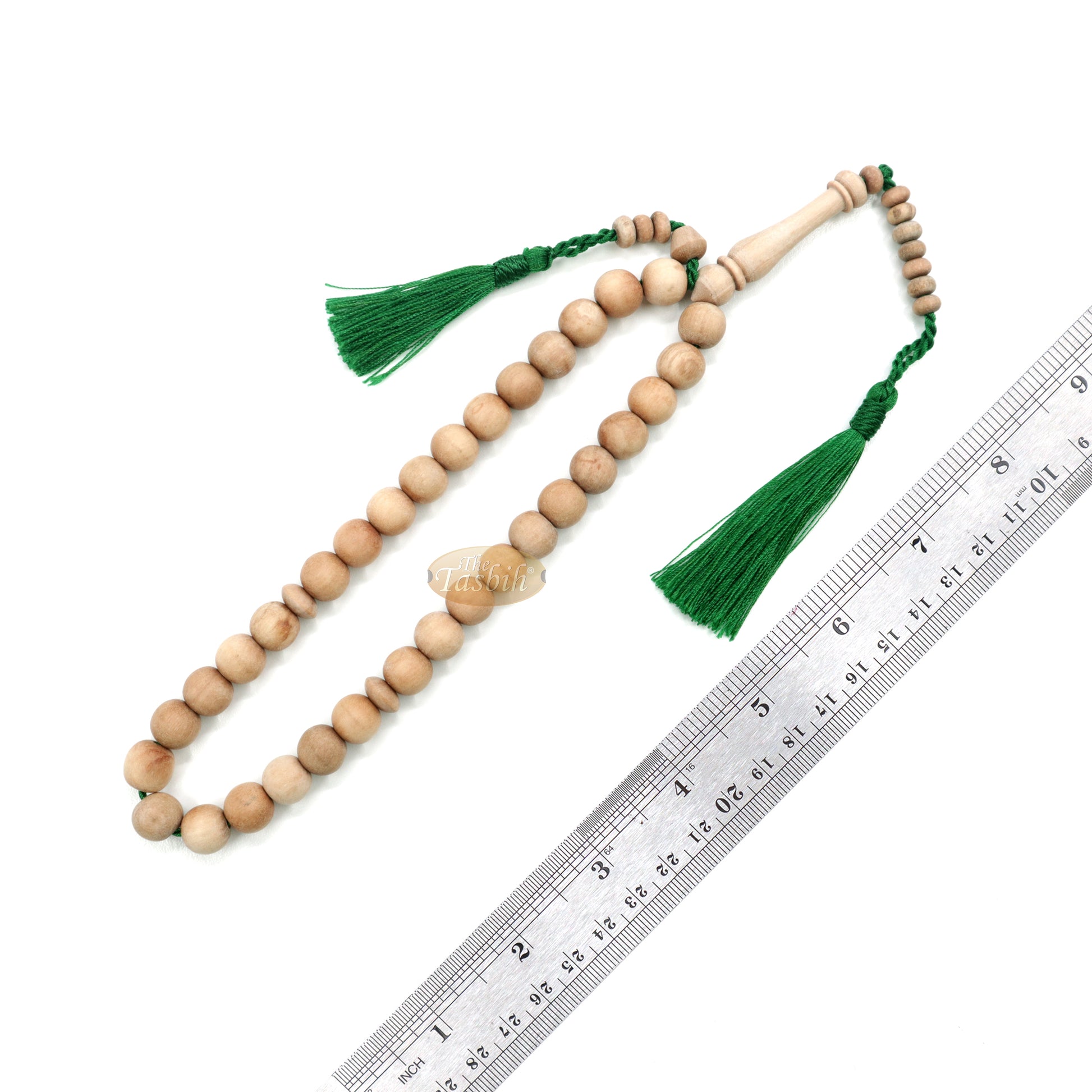 Sandalwood 33-Bead Tasbih Prayer Beads 10mm With 2 Green Copper Tassels