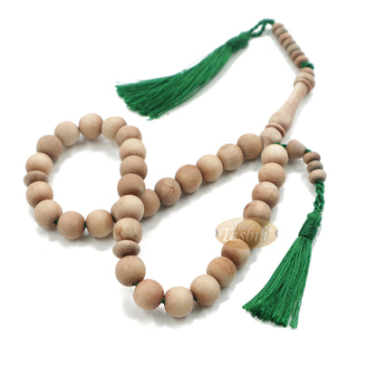 Sandalwood 33-Bead Tasbih Prayer Beads 10mm With 2 Green Copper Tassels