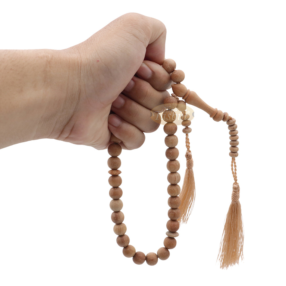 Sandalwood 33-Bead Tasbih Muslim Prayer Beads 10 mm with 2 Brown Tassels