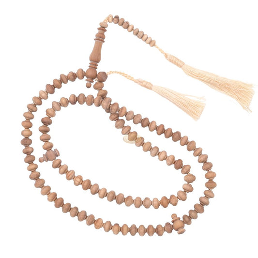 Sandalwood Prayer Beads – 9 mm- Contoured Beads Sandalwood Tasbih Prayer Beads with Beige Tassels