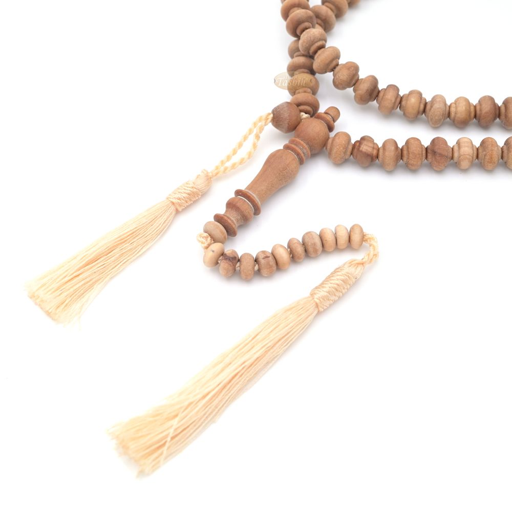 Sandalwood Prayer Beads – 9 mm- Contoured Beads Sandalwood Tasbih Prayer Beads with Beige Tassels