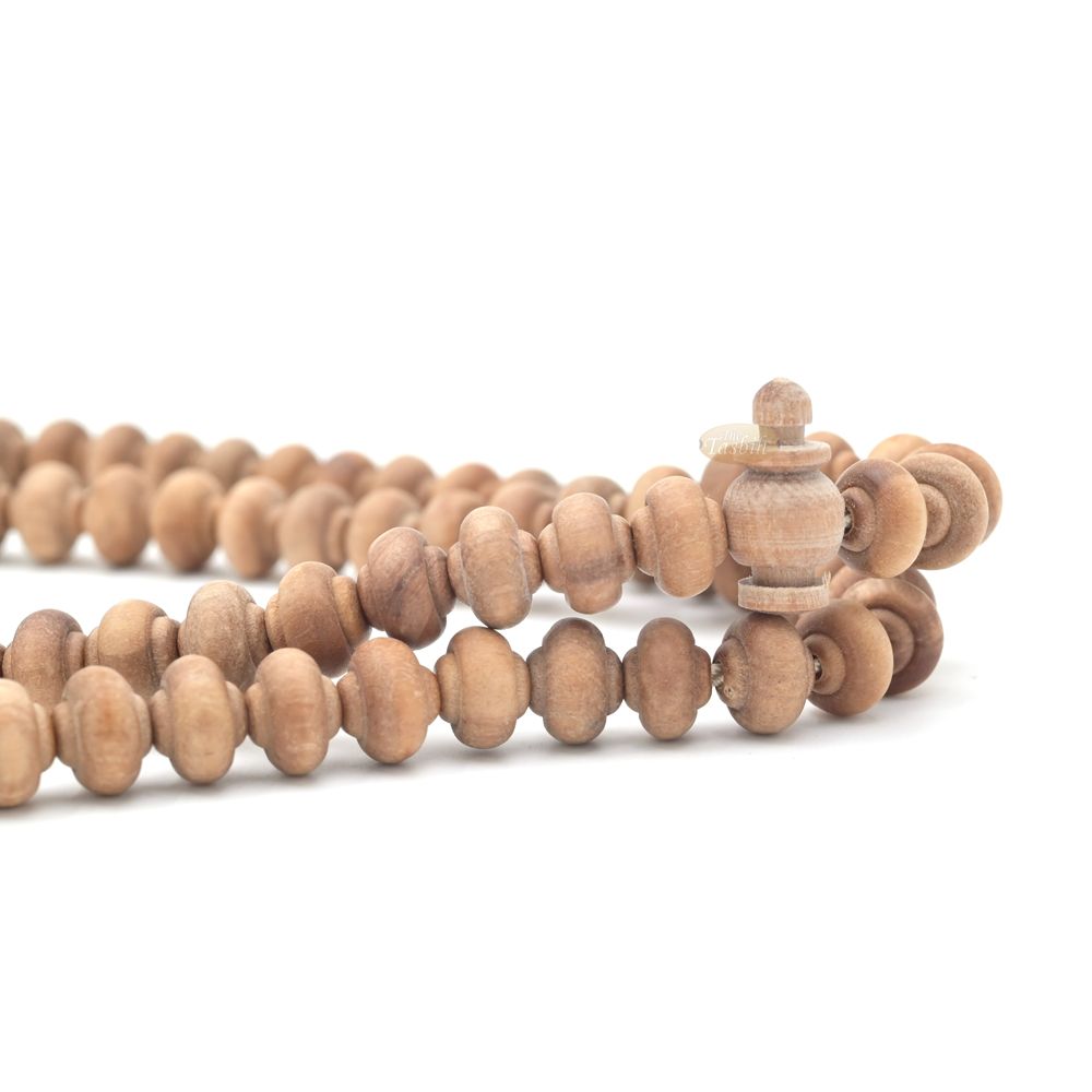 Sandalwood Prayer Beads – 9 mm- Contoured Beads Sandalwood Tasbih Prayer Beads with Beige Tassels