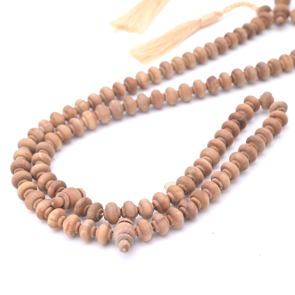 Sandalwood Prayer Beads – 9 mm- Contoured Beads Sandalwood Tasbih Prayer Beads with Beige Tassels