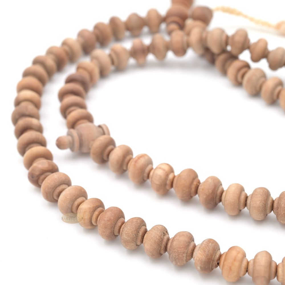 Sandalwood Prayer Beads – 9 mm- Contoured Beads Sandalwood Tasbih Prayer Beads with Beige Tassels