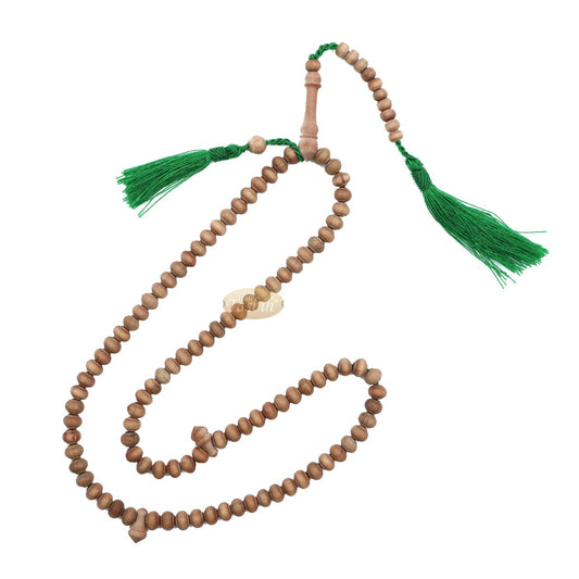 Sandalwood Prayer beads – 7mm- Contoured beads Sandalwood Tasbih Prayer Beads with Green Tassels