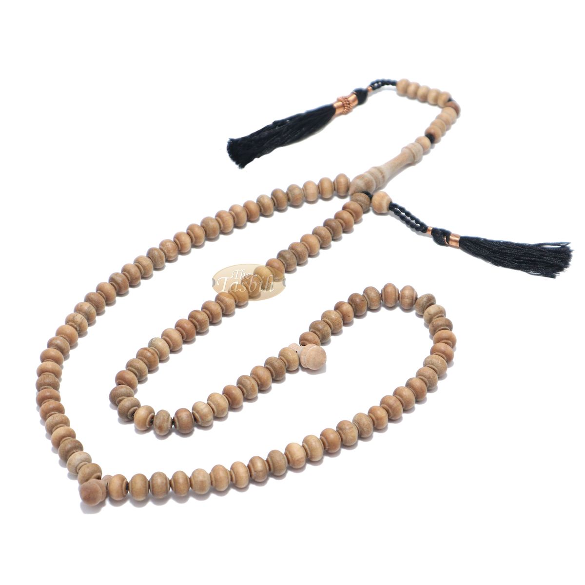 Sandalwood Prayer Beads – 7 mm- Contoured Beads Sandalwood Tasbih Prayer Beads with Copper Black Tassels