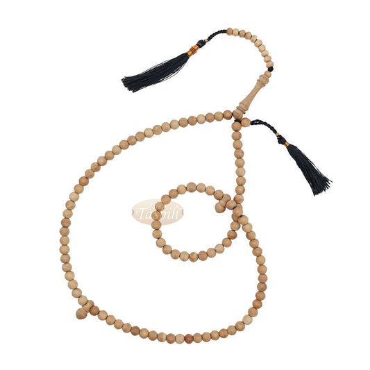Scented Sandalwood Light Brown Tasbih 7 mm Handmade Misbaha Prayer Beads Subha with Copper Decorated Tassels