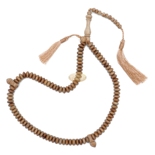 Sandalwood Muslim Prayer Beads – Natural Scented 10x5mm Saucer Shape 99-Bead Wood Dhikr Tasbih Sibha Misbaha Light Brown Tassels Gift Boxed