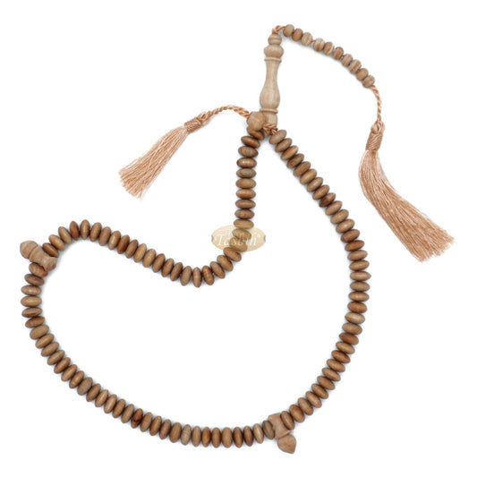 Sandalwood Muslim Prayer Beads – Natural Scented 10×5 mm Saucer Shape 99-Bead Wood Dhikr Tasbih Sibha Misbaha Light Brown Tassels Gift Boxed