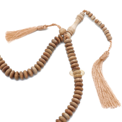 Sandalwood Muslim Prayer Beads – Natural Scented 10X5mm Saucer Shape 99-Bead Wood Dhikr Tasbih Sibha Misbaha Light Brown Tassels Gift Boxed