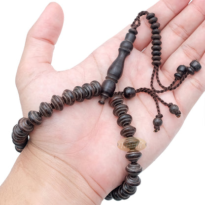 Misbaha Kayu Asam Jawa 8x11 mm - Tasbih Tasbih Berbentuk Piring Muslim 33 Butir Buatan Tangan - Tasbih Islami Asli Warna Coklat Tua dalam Kotak Hadiah