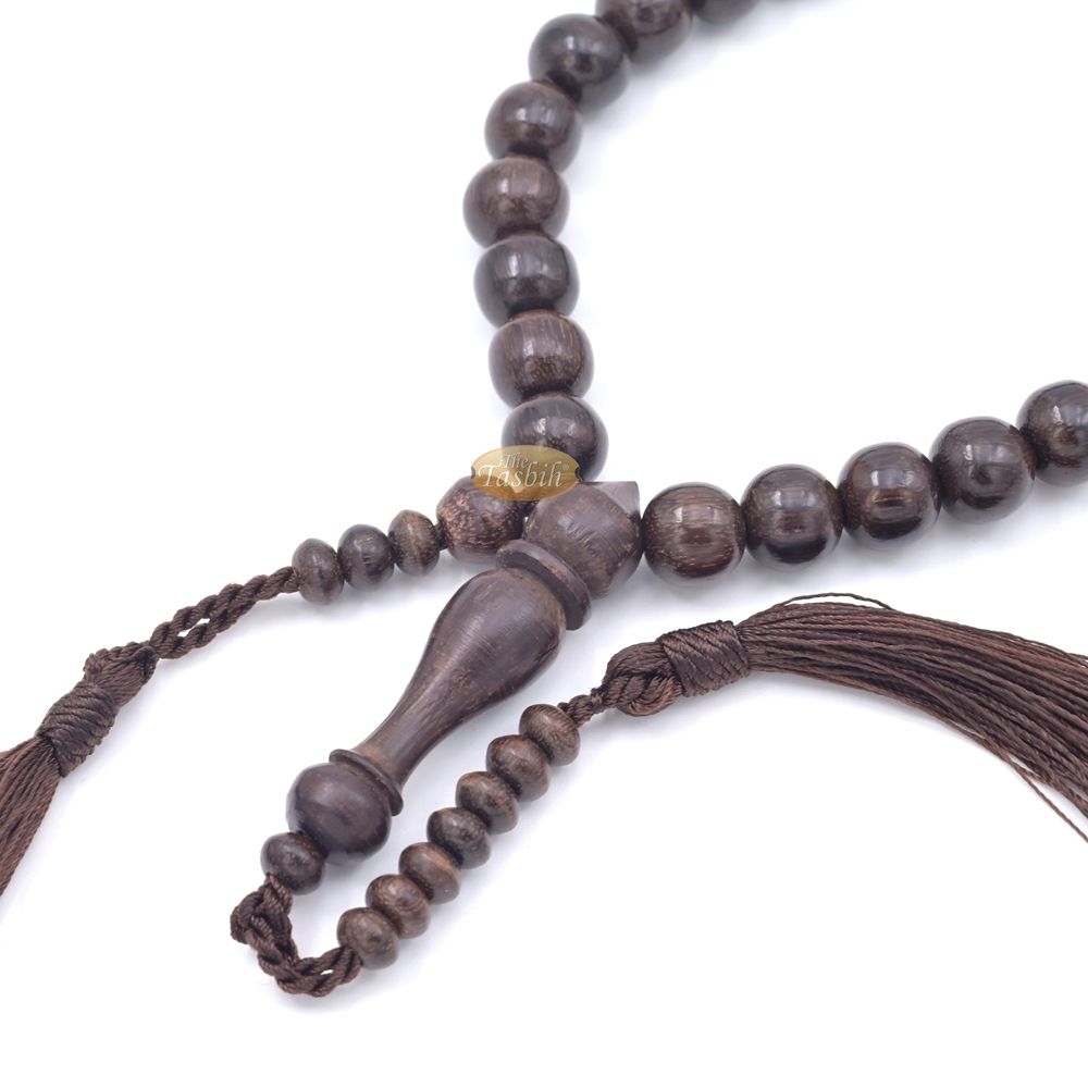 Handcrafted Tamarind Wood 33-Bead Dhikr Prayer Tasbih Dark Brown Tassels 11 mm Beads