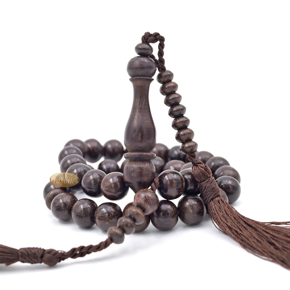 Handcrafted Tamarind Wood 33-Bead Dhikr Prayer Tasbih Dark Brown Tassels 11 mm Beads