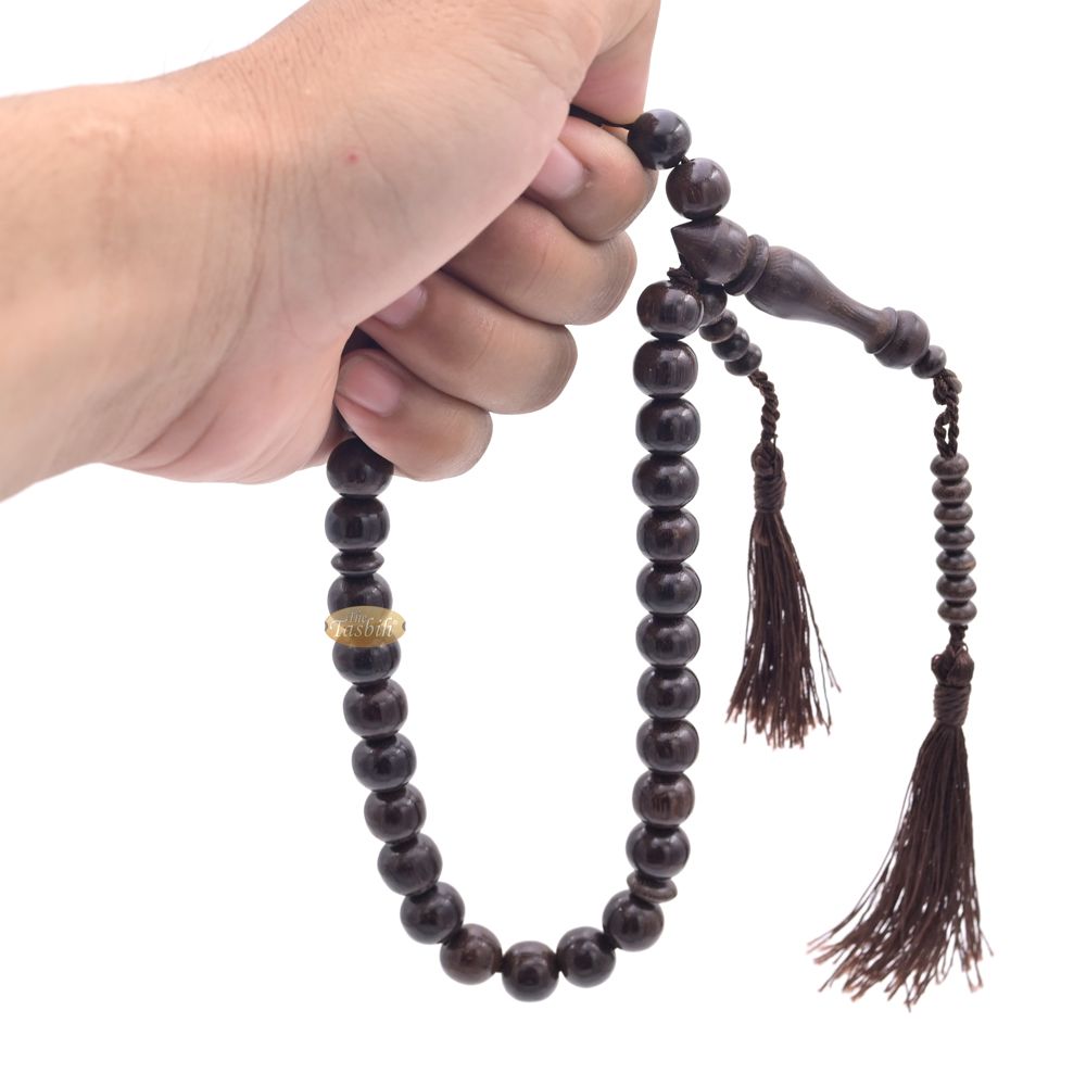 Handcrafted Tamarind Wood 33-Bead Dhikr Prayer Tasbih Dark Brown Tassels 11 mm Beads