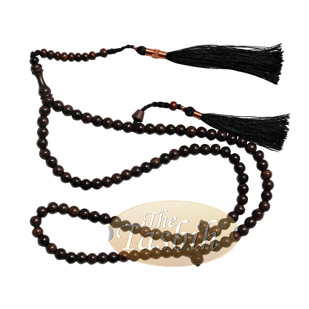 Kalung Kayu Tamarind Coklat Tua 6mm Manik-manik Tembaga pada Jumbai