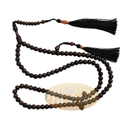 Kalung Kayu Tamarind Coklat Tua 6mm Manik-manik Tembaga pada Jumbai