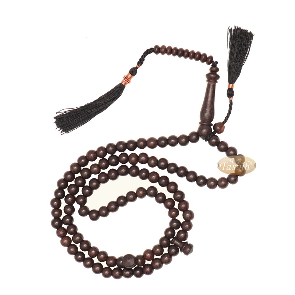 Natural Tamarind Wood Tasbih Prayer Beads 8 mm 99-Bead with Copper Decorated Black Tassels